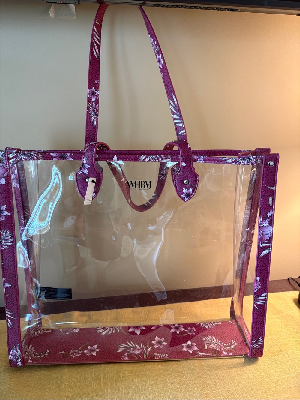 White House Black Market Clear Tote with Floral Pink Trim